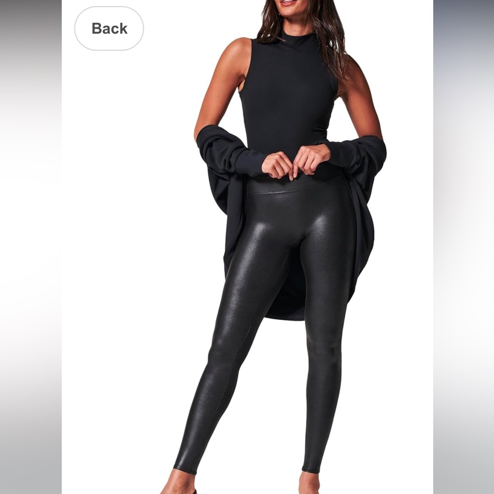 Spanx Faux Leather Leggings Tummy Control Contoured Waistband High Waist Black